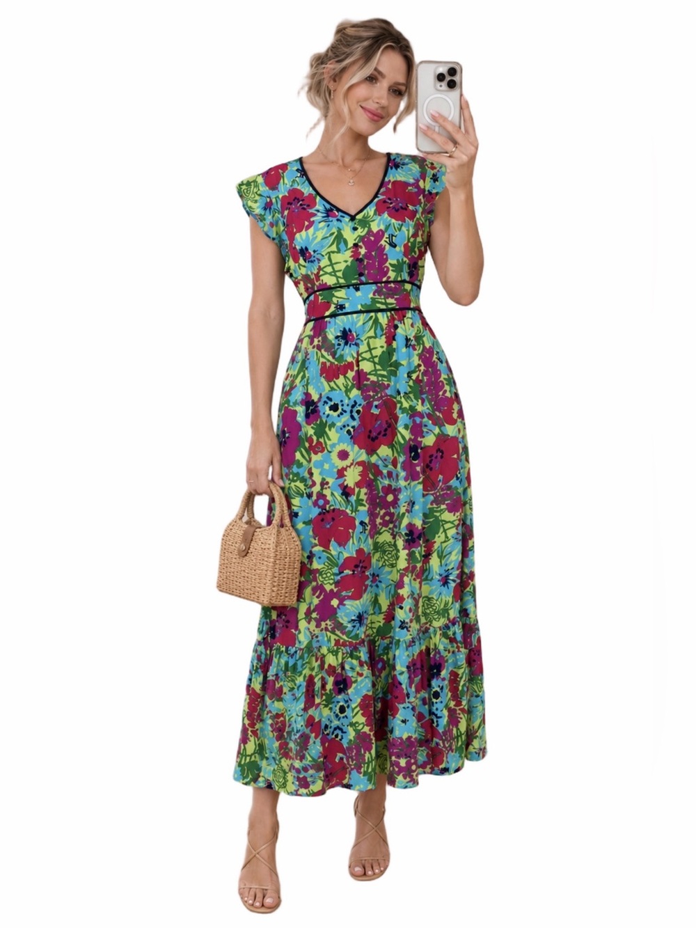 ModCloth Eyes On You Floral Maxi Dress V-neck Tiered Colorful Size Medium NWT